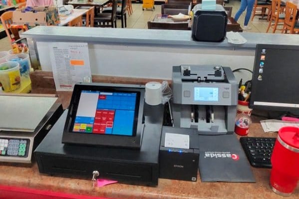 The new point-of-sale counter at La Moreliana Meat Market with the store floor behind it
